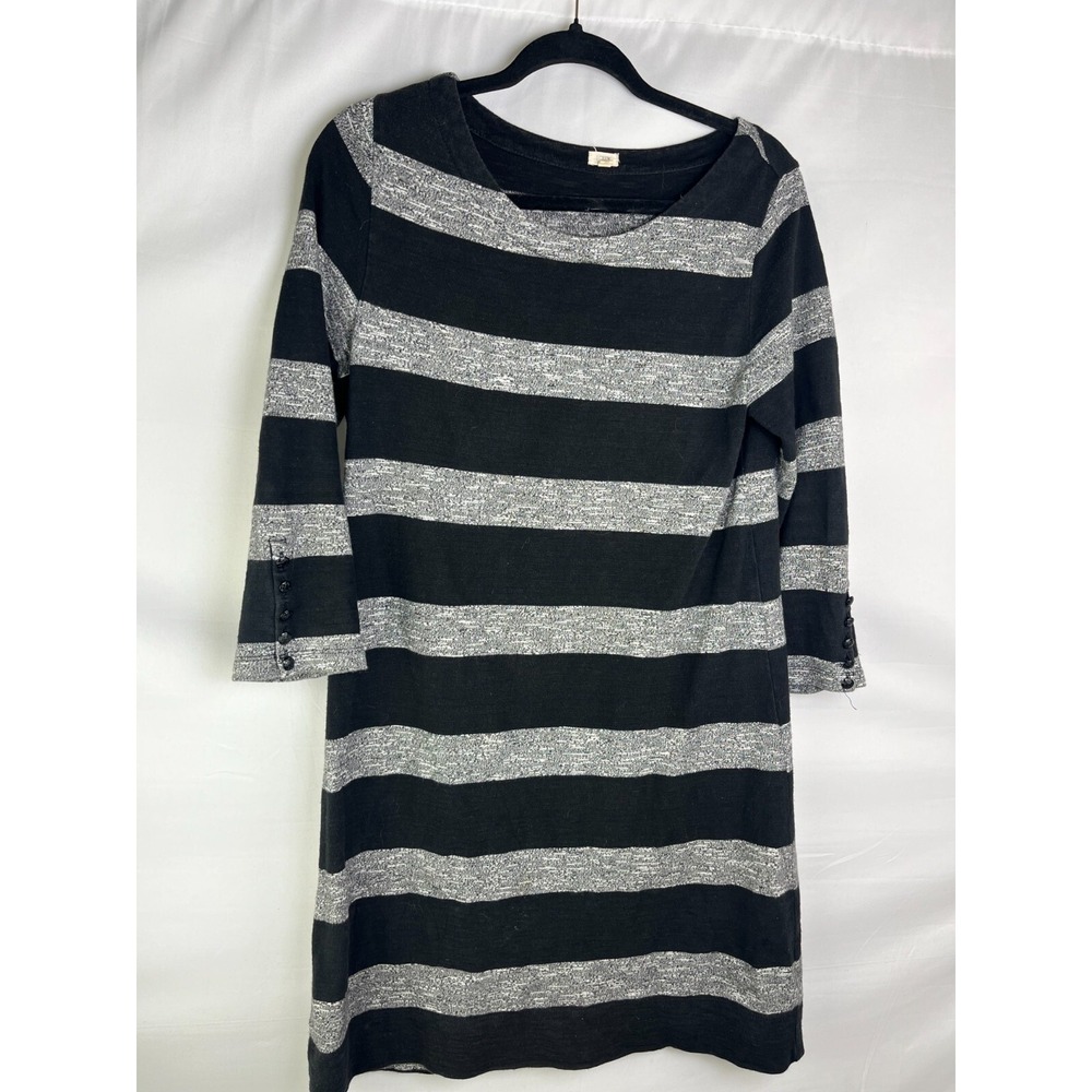 J.Crew Knit Dress S Black Gray Stripe Lightweight 3/4 Sleeve‎ Career Casual